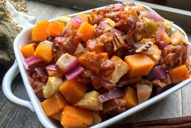 Apple Butternut Squash Casserole with Bacon-Pecan Topping