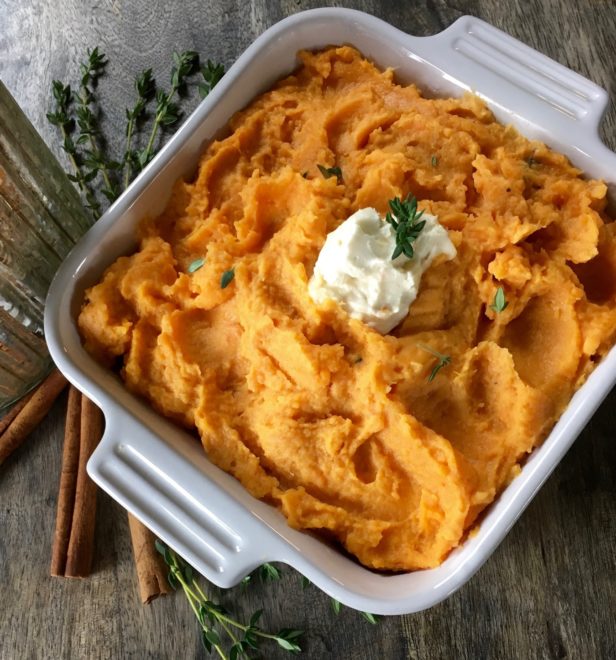 Mashed sweet potatoes with fresh thyme