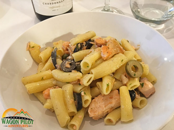 Pasta with salmon, olives, and capers at Catello's Mozzarella Bar © Wagon Pilot Adventures