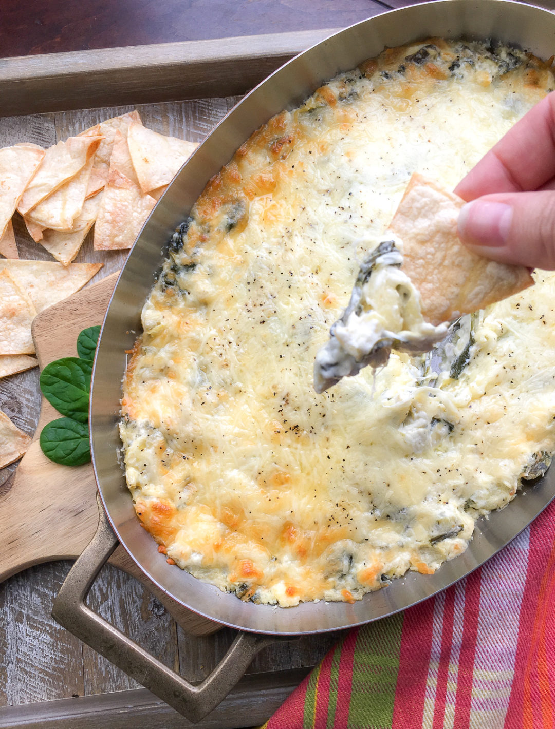 Warm Spinach Artichoke Dip with Toasted Corn Tortilla Chips