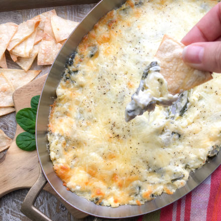 Warm Spinach Artichoke Dip with Toasted Corn Tortilla Chips