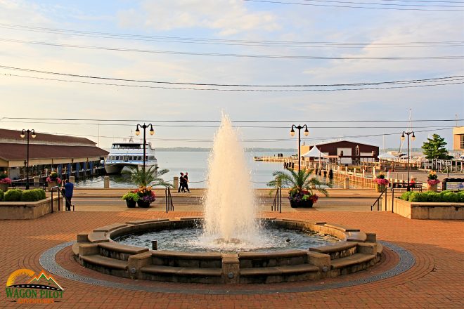 Waterfront fountain and Jet Express ferry docks Sandusky, Ohio © Wagon Pilot Adventures