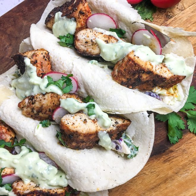 Blackened fish tacos with creamy cole slaw
