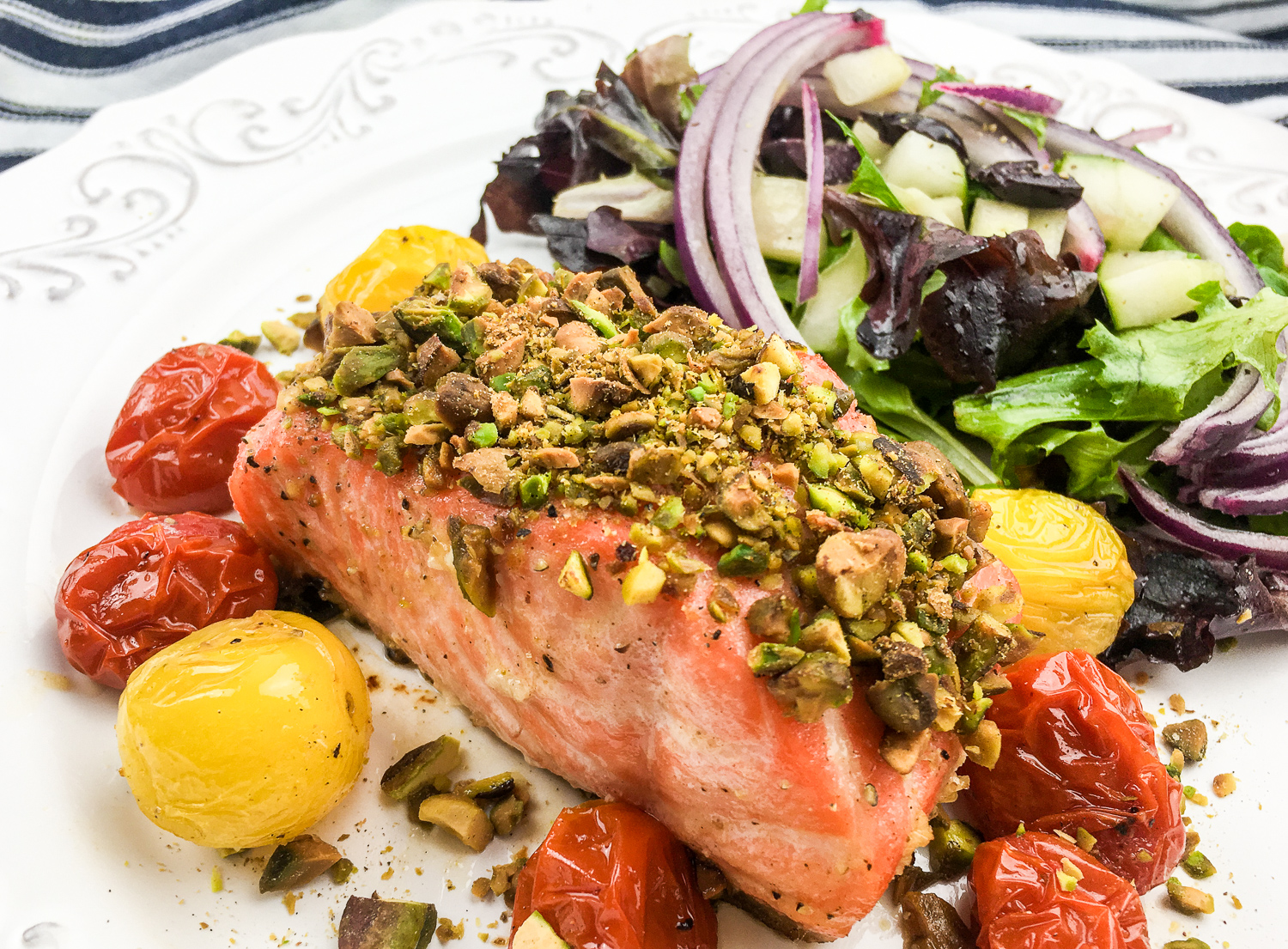 Pistachio crusted salmon with roasted cherry tomatoes